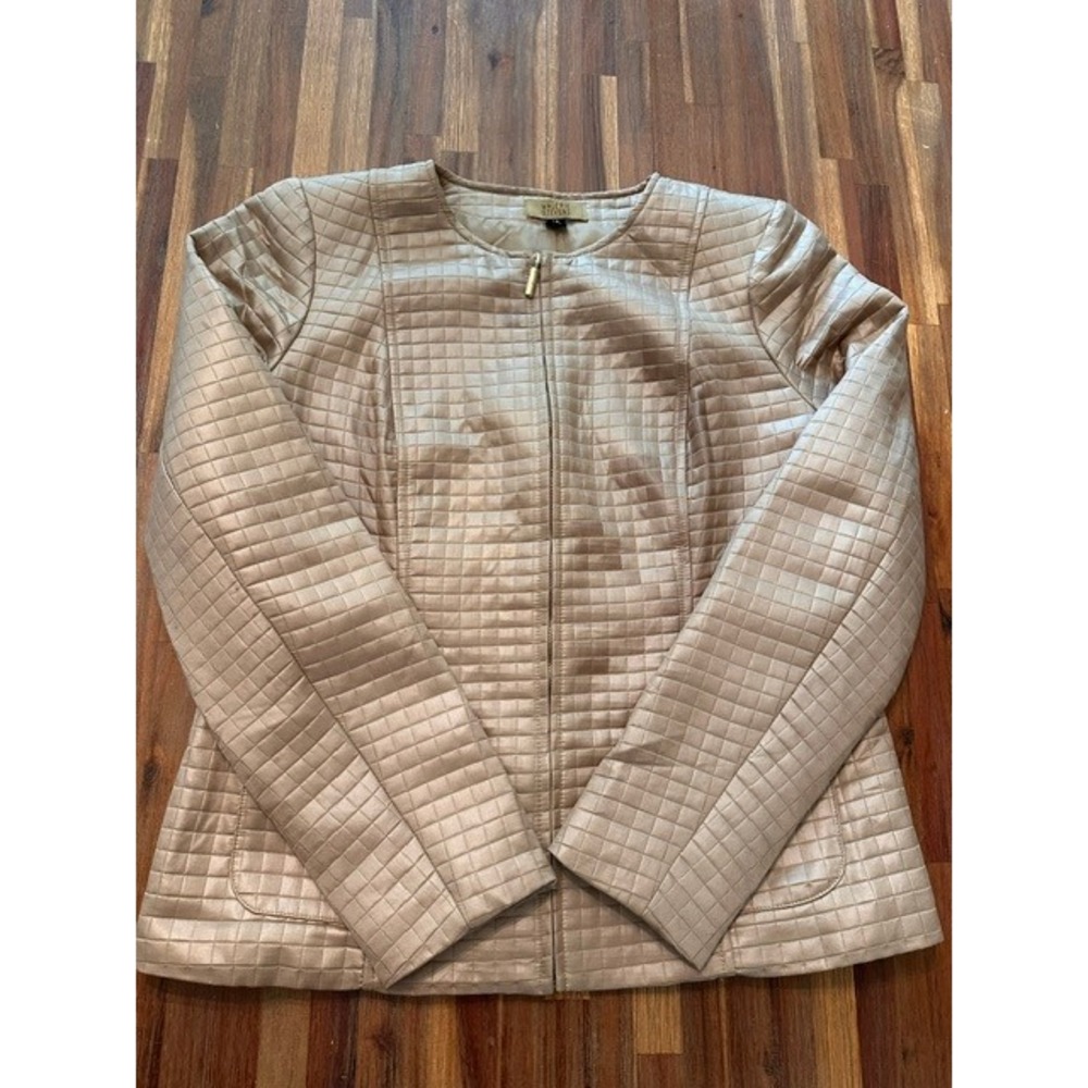 Valerie Stevens Womens Quilted Metallic Gold Zip Front Collarless Jacket Size M